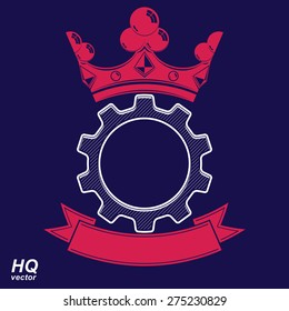 Vector industrial design element, cog wheel with a coronet and curvy ribbon. Best engineering project award conceptual symbol. Royal heraldic coat of arms.
