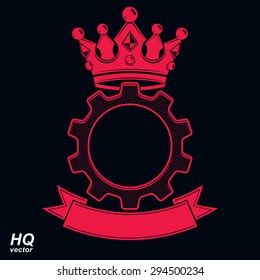 Vector industrial design element, cog wheel with a coronet and decorative ribbon. High quality manufacturing gear icon. Royal heraldic coat of arms.

