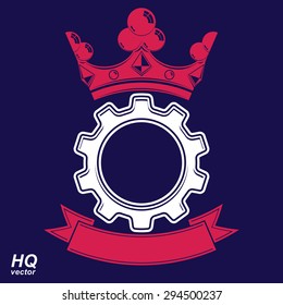 Vector industrial design element, cog wheel with a coronet and curvy ribbon. Best engineering project award conceptual symbol. Royal heraldic coat of arms.