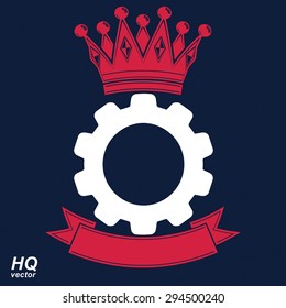 Vector industrial design element, cog wheel with a coronet and curvy ribbon. Best engineering project award conceptual symbol. Royal heraldic coat of arms.