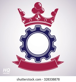 Vector industrial design element, cog wheel with coronet and red decorative curvy ribbon. High quality manufacturing gear icon. Royal heraldic coat of arms.