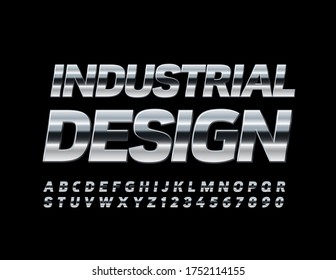 Vector Industrial Design Metallic Font. Silver shiny Alphabet Letters and Numbers
