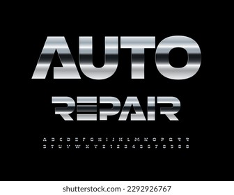 Vector industrial emblem Auto Repair. Futuristic silver Font. Metallic Alphabet Letters and Numbers set