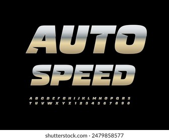 Vector industrial emblem Auto Speed. Glossy Silver Font. Unique Metallic Letters and Numbers set.