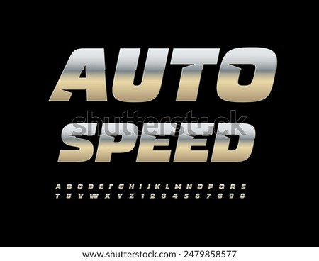 Vector industrial emblem Auto Speed. Glossy Silver Font. Unique Metallic Letters and Numbers set.