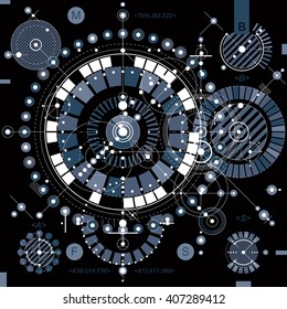 Vector industrial and engineering background, future technical plan. Perspective blueprint of mechanism, mechanical scheme. For use as website background.