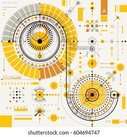 Vector industrial and engineering background, future technical plan. Perspective blueprint of mechanism, mechanical scheme. For use as website background.