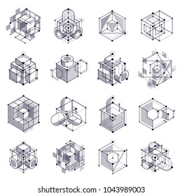 Vector industrial and engineering black and white backgrounds set, future technical plan. Modern geometric composition can be used as template and layout. 