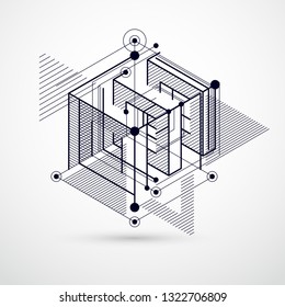 Vector industrial and engineering black and white background, future technical plan. Modern geometric composition can be used as template and layout. 