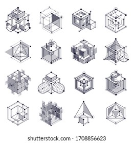 Vector industrial and engineering black and white backgrounds set, future technical plan. Modern geometric composition can be used as template and layout. 