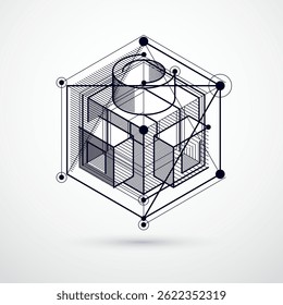 Vector industrial and engineering black and white background, future technical plan. Modern geometric composition can be used as template and layout. 