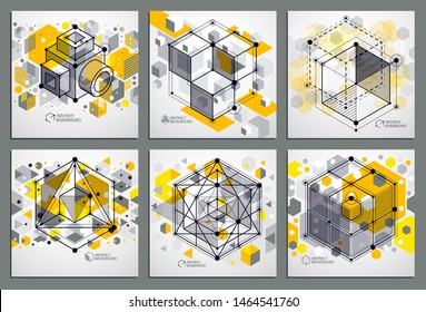 Vector industrial and engineering yellow backgrounds set, future technical plan. Modern geometric composition can be used as template and layout. 
