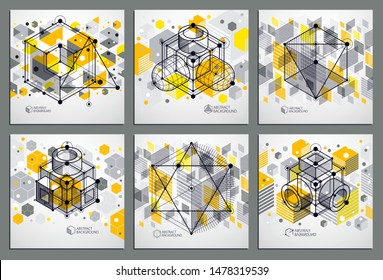 Vector industrial and engineering yellow backgrounds set, future technical plan. Modern geometric composition can be used as template and layout. 