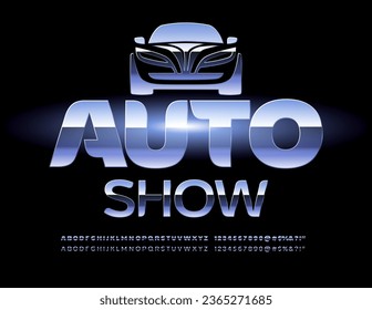 Vector industrial flyer Auto Show with decorative Car. Metallic Bold and Slim Alphabet Letters and Numbers set. Glossy silver Font