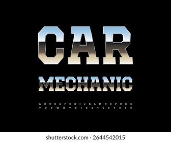 Ícone Vetor Industrial Auto Mechanic. Fonte Silver Cool. Conjunto de letras e números do alfabeto digital metálico.