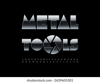 Vector Industrial icon Metal Tools with Chrome Emblem. Dark Silver Font. Unique Digital Alphabet Letters and Numbers set. 