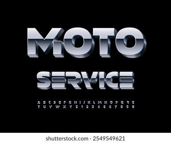 Vector industrial icon Moto Service. Futuristic style Alphabet Letters and Numbers. Cool Silver Font