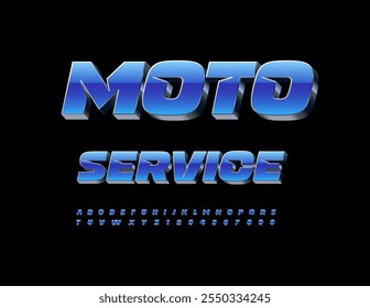 Vector industrial icon Moto Service. Blue and Steel Alphabet Letters and Numbers. Exclusive 3D Font.