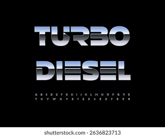 Vector Industrial icon Turbo Diesel. Steel Futuristic Font. Cool Metallic Alphabet Letters and Numbers