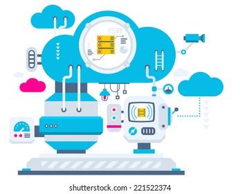Vector industrial illustration background of the cloud technology servers. Color bright flat design for banner, web, site, advertising, print, poster.
