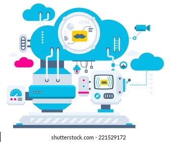 Vector industrial illustration background of the cloud technology mustache. Color bright flat design for banner, web, site, advertising, print, poster.