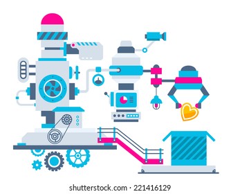 Vector industrial illustration background of the factory for packing heart. Color bright flat design for banner, web, site, advertising, print, poster.