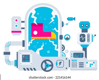 Vector industrial illustration background of the factory for researching sneakers. Color bright flat design for banner, web, site, advertising, print, poster.