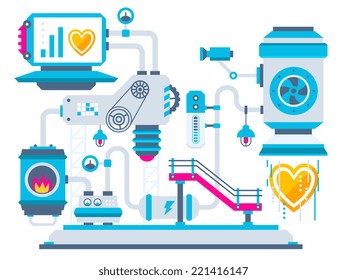 Vector industrial illustration background of the factory for processing hearts. Color bright flat design for banner, web, site, advertising, print, poster.