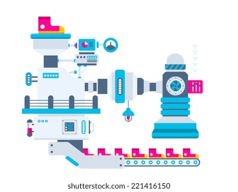 Vector industrial illustration background of the factory for producing sneakers. Color bright flat design for banner, web, site, advertising, print, poster.