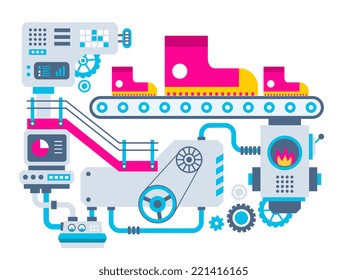 Vector industrial illustration background of the factory for manufacture sneakers. Color bright flat design for banner, web, site, advertising, print, poster.