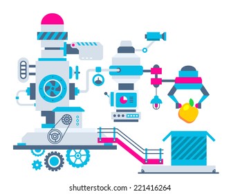 Vector industrial illustration background of the factory for packing apples. Color bright flat design for banner, web, site, advertising, print, poster.
