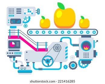 Vector industrial illustration background of the factory for manufacture apples. Color bright flat design for banner, web, site, advertising, print, poster.