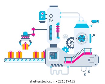 Vector industrial illustration background of the factory for sorting gift boxes with bow. Color bright flat design for banner, web, site, advertising, print, poster.