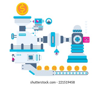 Vector industrial illustration background of the factory for producing gold coins. Color bright flat design for banner, web, site, advertising, print, poster.
