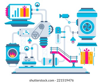 Vector industrial illustration background of the factory for processing gift boxes with bow. Color bright flat design for banner, web, site, advertising, print, poster.