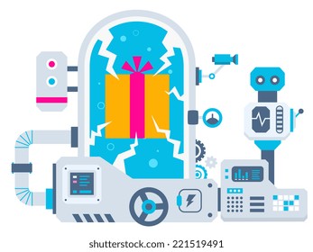 Vector industrial illustration background of the factory for gift box with bow. Color bright flat design for banner, web, site, advertising, print, poster.