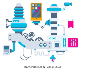 Vector industrial illustration background of the factory for measurement of the parameters phone. Color bright flat design for banner, web, site, advertising, print, poster.