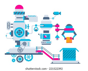 Vector industrial illustration background of the factory for packing open book. Color bright flat design for banner, web, site, advertising, print, poster.