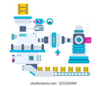 Vector industrial illustration background of the factory for producing servers. Color bright flat design for banner, web, site, advertising, print, poster.