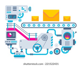 Vector industrial illustration background of the factory for manufacture envelopes. Color bright flat design for banner, web, site, advertising, print, poster.