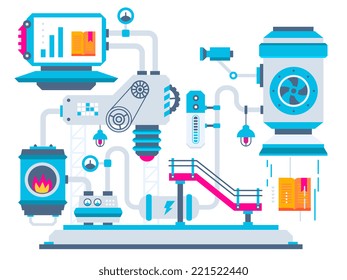 Vector industrial illustration background of the factory for processing books. Color bright flat design for banner, web, site, advertising, print, poster.