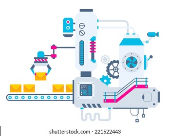 Vector industrial illustration background of the factory for sorting envelopes. Color bright flat design for banner, web, site, advertising, print, poster.