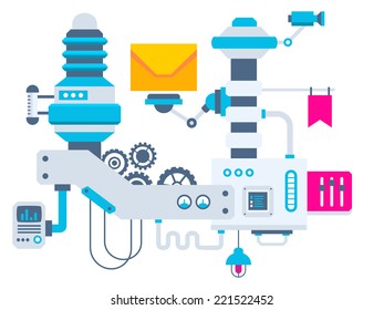 Vector industrial illustration background of the factory for measurement of the parameters envelope. Color bright flat design for banner, web, site, advertising, print, poster.
