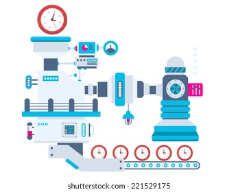 Vector industrial illustration background of the factory for producing clocks. Color bright flat design for banner, web, site, advertising, print, poster.