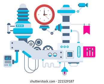 Vector industrial illustration background of the factory for measurement of the parameters clock. Color bright flat design for banner, web, site, advertising, print, poster.