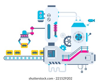 Vector industrial illustration background of the factory for sorting mustache. Color bright flat design for banner, web, site, advertising, print, poster.