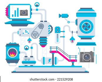 Vector industrial illustration background of the factory for processing cameras. Color bright flat design for banner, web, site, advertising, print, poster.