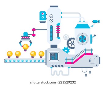 Vector industrial illustration background of the factory for sorting bulbs. Color bright flat design for banner, web, site, advertising, print, poster.