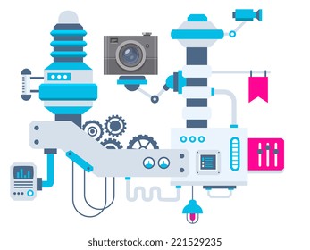 Vector industrial illustration background of the factory for measurement of the parameters camera. Color bright flat design for banner, web, site, advertising, print, poster.