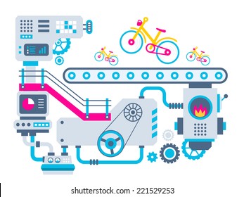 Vector industrial illustration background of the factory for manufacture bikes. Color bright flat design for banner, web, site, advertising, print, poster.
